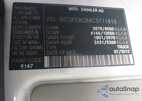 2012 Mercedes-Benz Sprinter 2500 High Roof z USA, uszkodzony, nr VIN WD3PE8CB8C5711815